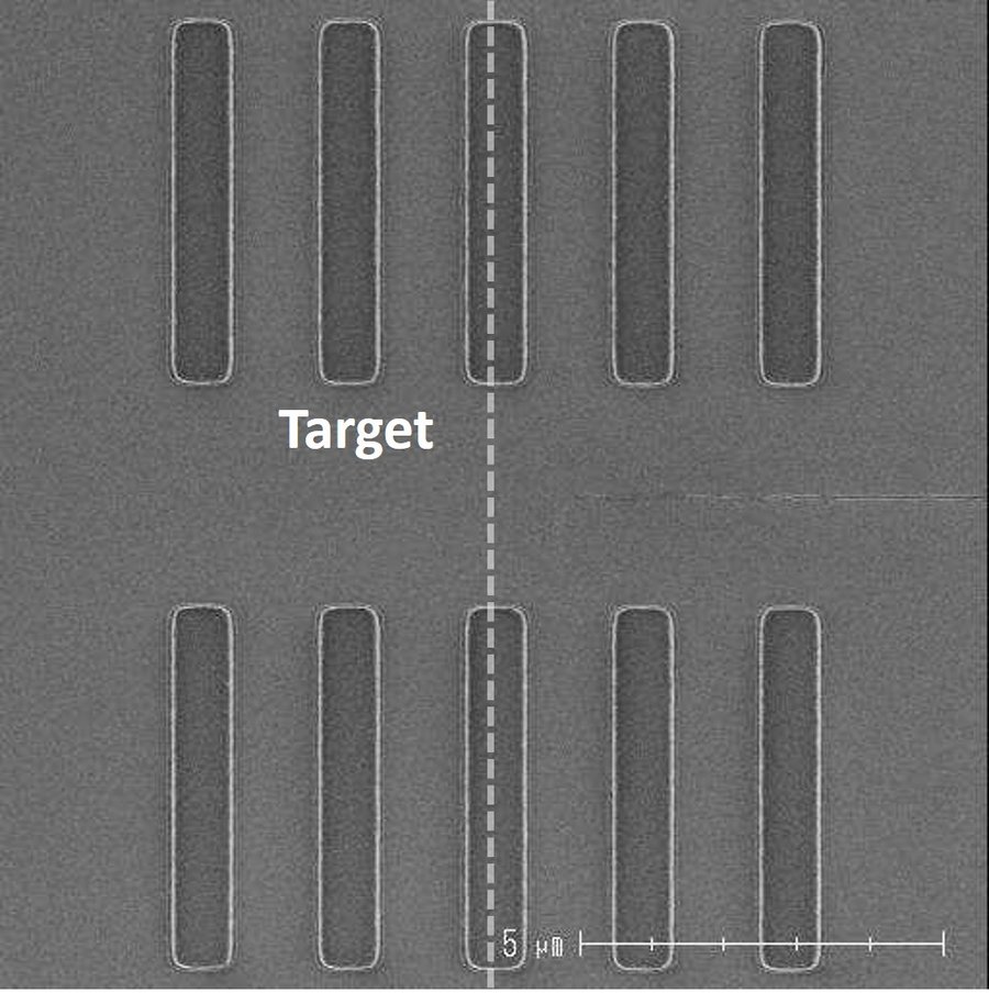 SEM of line patterns without OPC: line ends recede and undershoot the target length