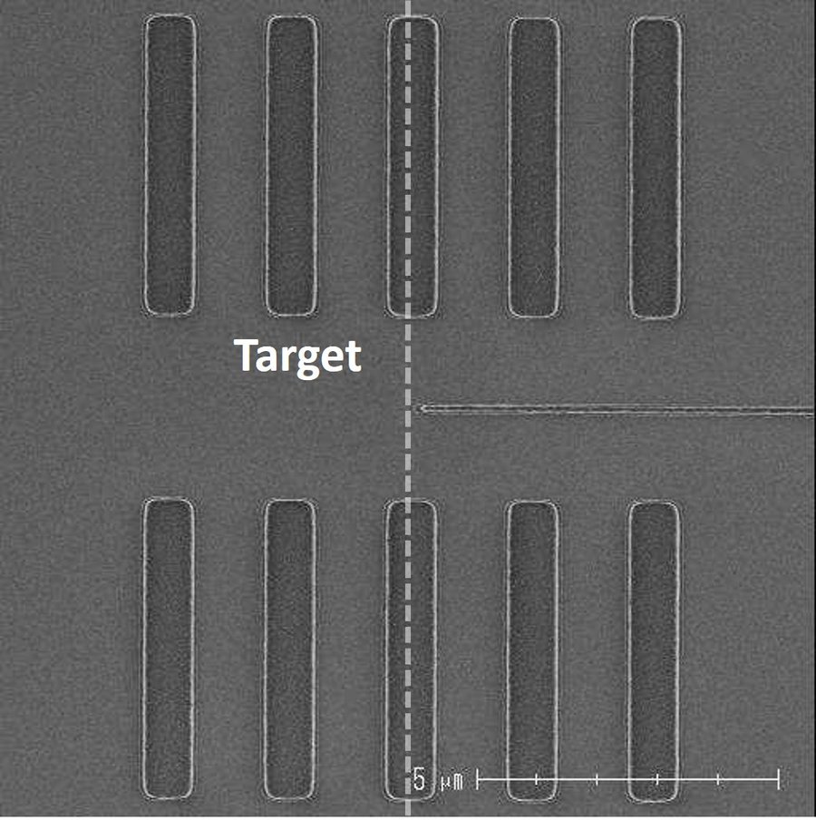 SEM of line patterns with OPC: line ends accurately reproduced